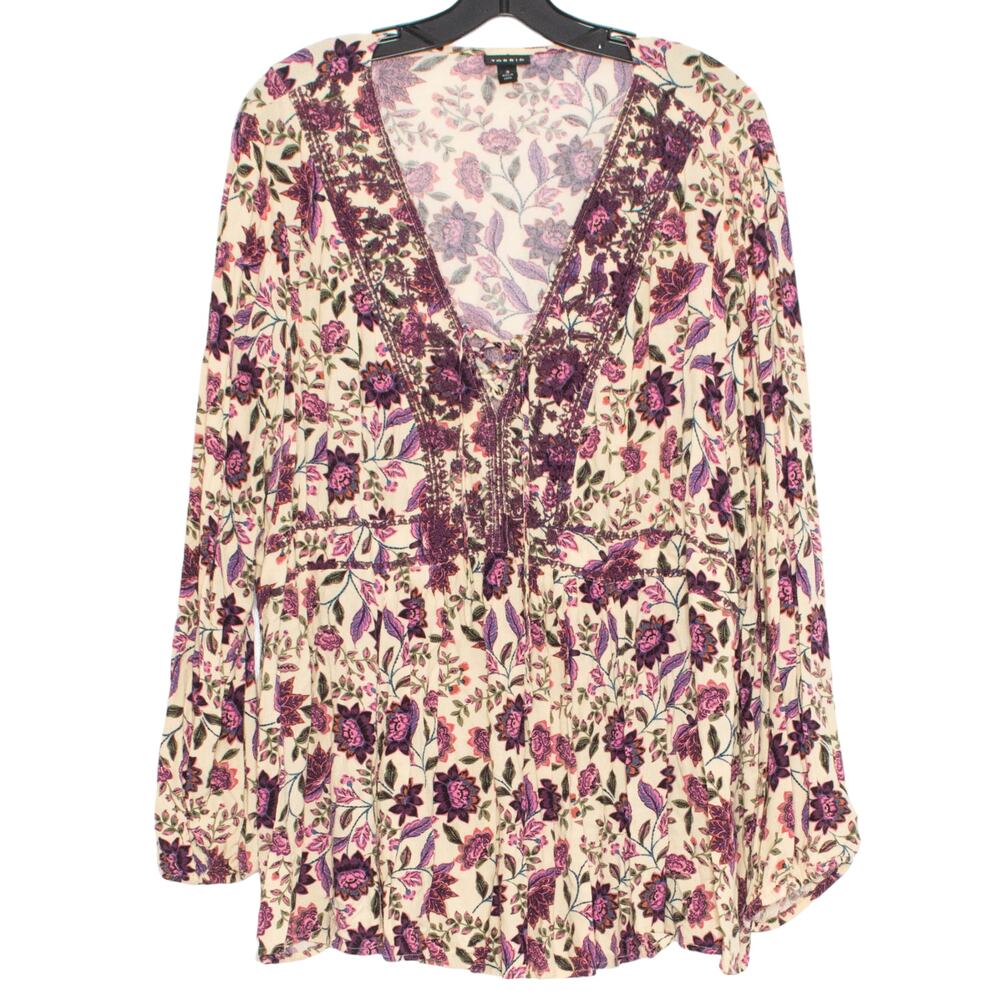 Torrid Babydoll Top Floral Boho Peasant Cottagecore Lace Up Flowy Plus Size 3 3X